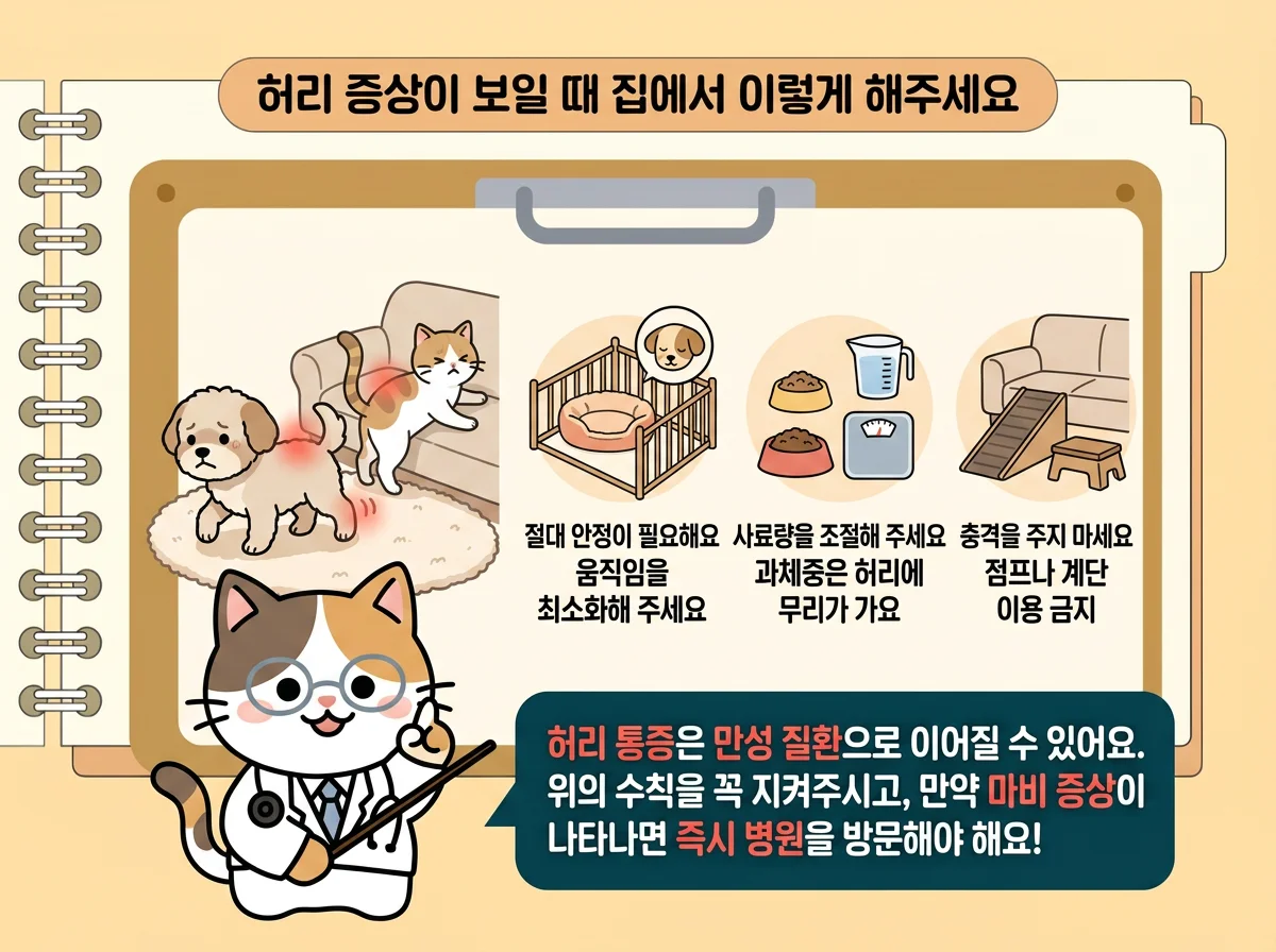 절대 안정이 필요해요, 사료량을 조절해주세요, 충격을 주지 마세요, 허리 통증은 만성 질환으로 이어질 수 있어요, 마비 증상이 나타나면 즉시 병원 방문 관련된 이미지입니다.