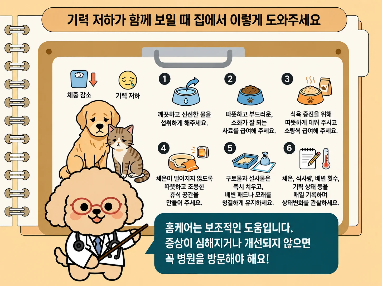 깨끗하고 신선한 물을 섭취하게 해주세요, 따뜻하고 부드러운, 소화가 잘 되는 사료를 급여해주세요, 식욕 증진을 위해 따뜻하게 데워 주시고 소량씩 급여해주세요, 체온이 떨어지지 않도록 따뜻하고 조용한 휴식 공간을 만들어 주세요, 체온, 식사량, 배변 횟수, 기력 상태 등을 매일 기록하여 상태변화를 관찰하세요 관련된 이미지입니다.