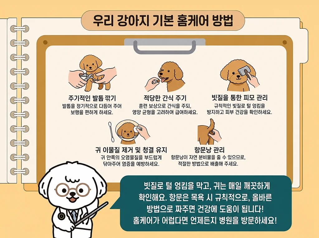 주기적인 발톱 깎기, 적당한 간식 주기, 빗질을 통한 피모 관리, 귀 이물질 제거 및 청결 유지, 항문낭 관리 관련된 이미지입니다.