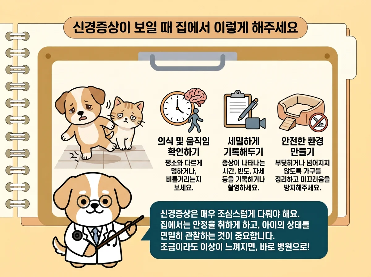 주변의 위험한 물건을 치워주세요, 입에 손이나 물건을 넣지 마세요, 발작 시간과 회복 상태를 기록해 주세요, 5분 이상 지속되거나 반복되면 즉시 응급진료, 발작 후에는 조용하고 어두운 환경을 유지하세요 관련된 이미지입니다.