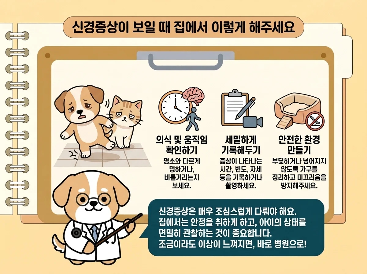의식 및 움직임 확인하기, 세밀하게 기록해두기, 안전한 환경 만들기, 신경증상은 매우 조심스럽게 다뤄야 해요, 조금이라도 이상이 느껴지면 바로 병원으로 관련된 이미지입니다.