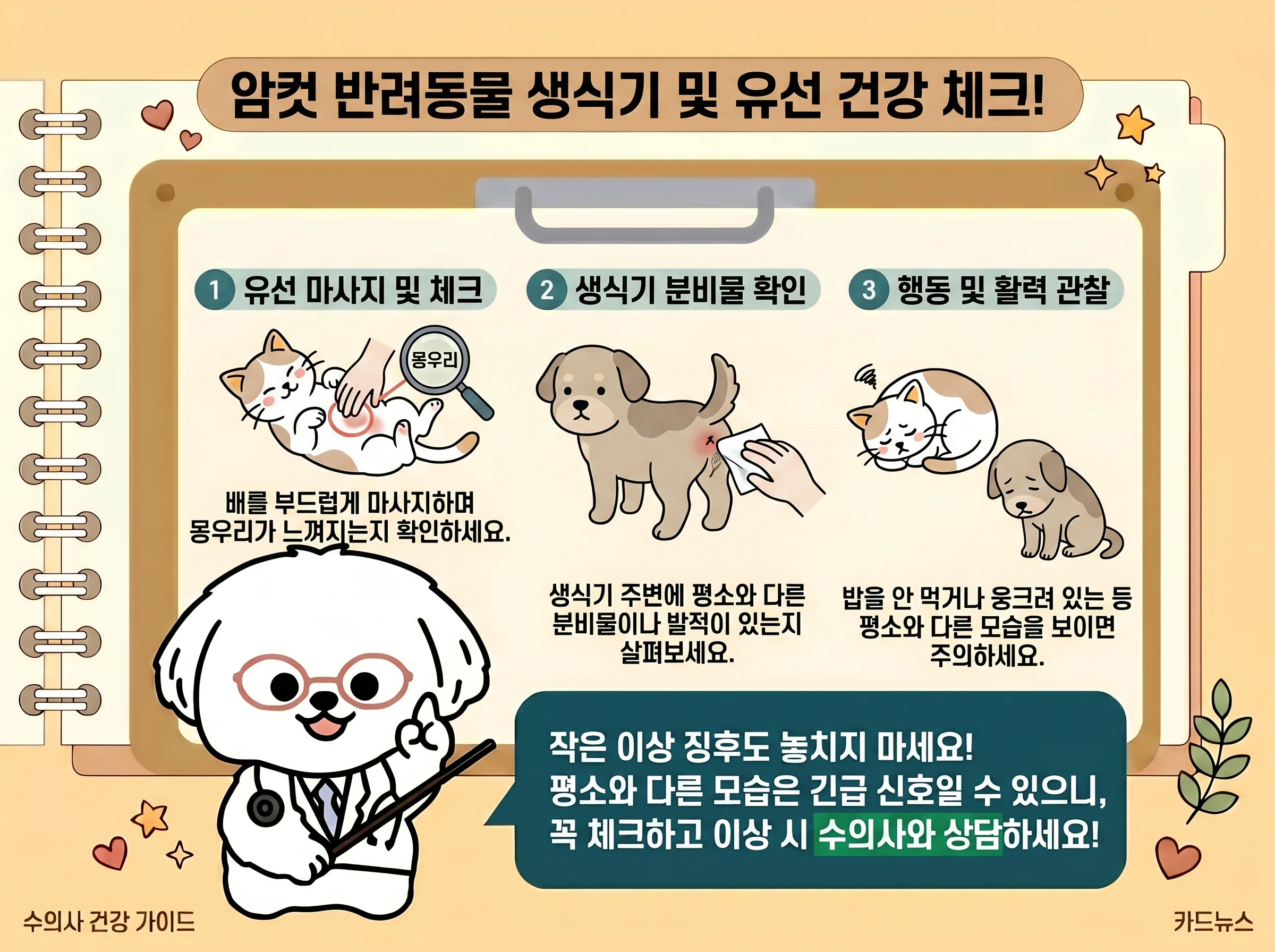 유선 마사지 및 체크, 생식기 분비물 확인, 행동 및 활력 관찰, 작은 이상 징후도 놓치지 마세요, 이상 시 수의사 상담 관련된 이미지입니다.
