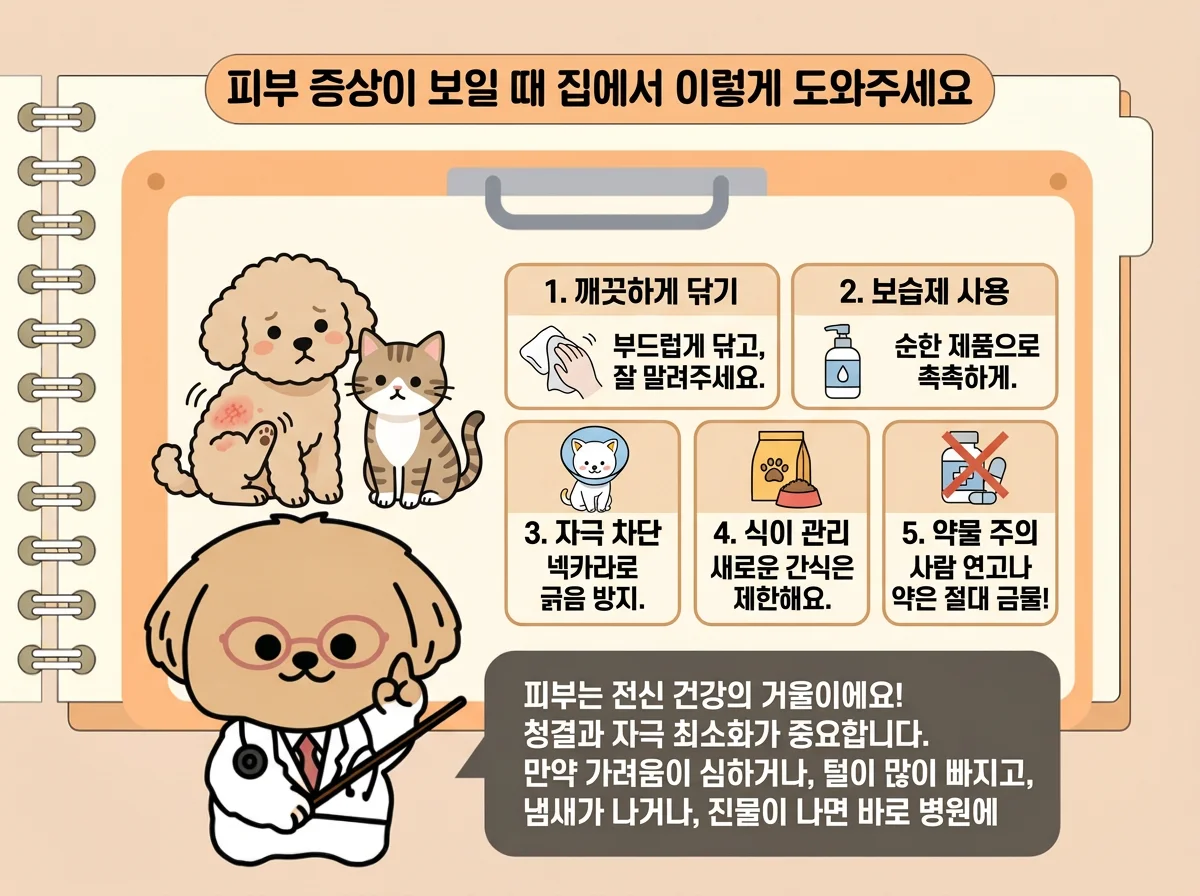 상처를 핥거나 긁지 못하게 해주세요, 출혈이 있으면 깨끗한 거즈로 가볍게 압박하세요, 보습제·연고·사람용 소독제를 바르지 마세요, 붓기·열감·진물·통증이 있으면 당일 진료, 기운이 없거나 상처가 빠르게 번지면 즉시 진료 관련된 이미지입니다.